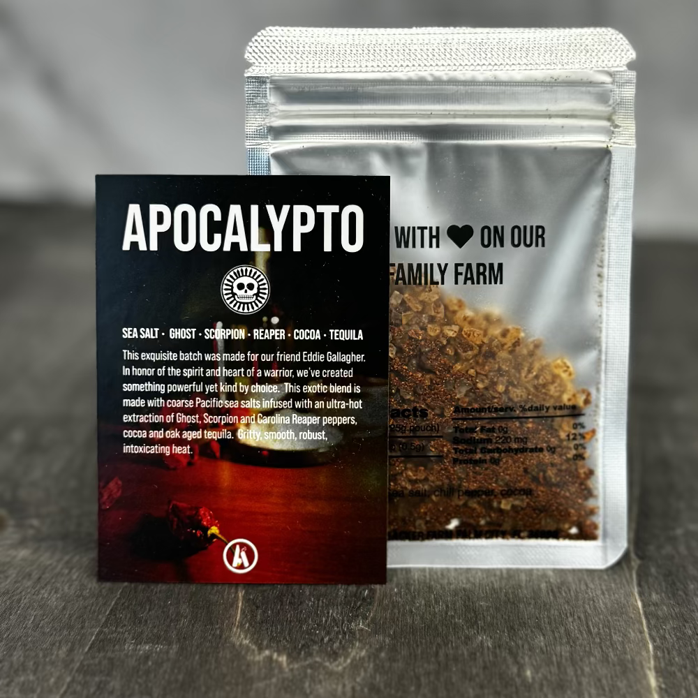 Apocalypto spice package with label on a gray background