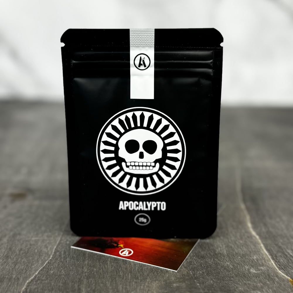 Hot Salt 25g Refill pouch with skull design and 'Apocalypto' branding on a gray surface.